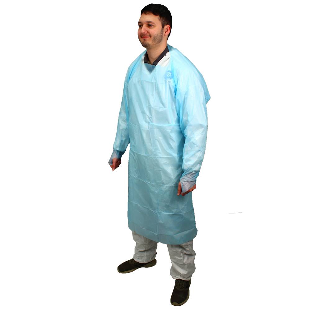 MCPE-50B Supply Source Safety Zone® 50-inch long CPE Gowns w/ Thump-Loops, 1.75-Mil (Blue) (100ct) 